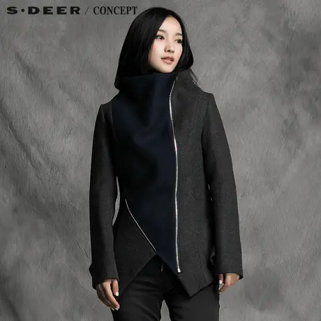 sdeer圣迪奥女装时尚设计感趣味拼色毛呢大衣S14481720图片