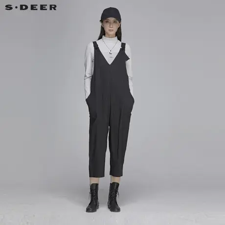 sdeer圣迪奥春季女装纹理垂坠宽松亲肤黑色吊带连体裤S20180803图片