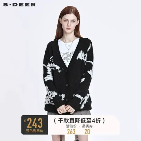 sdeer圣迪奥女装春秋装休闲撞色钩花慵懒长袖开衫毛衣S21363512图片