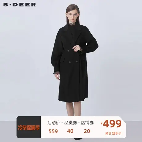 sdeer圣迪奥女装毛呢西装领双排扣泡泡袖长款毛呢大衣S21461827图片