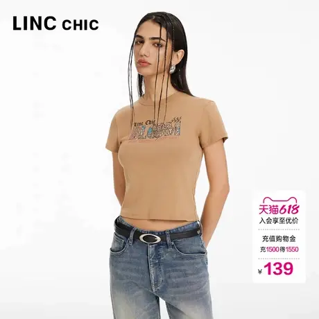 LINCCHIC金羽杰短袖女T恤夏摩登复古截短修身正肩女T恤上衣TS255Y商品大图