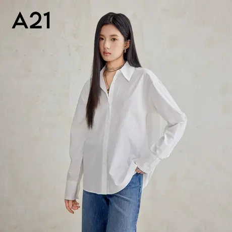 a21女装米白色时尚休闲纯棉衬衣宽松翻领长袖衬衫上衣图片