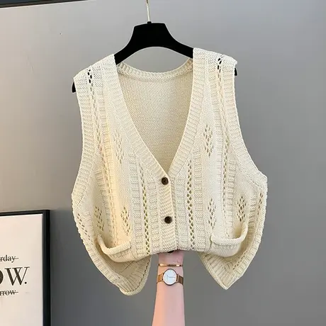 2025春季新款V领无袖针织马甲女上衣宽松外穿背心镂空百搭开衫潮商品大图