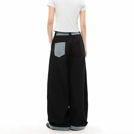 美式复古白色休闲裤女2025夏季新款拼接阔腿裤bf慵懒风直筒弯刀裤商品大图