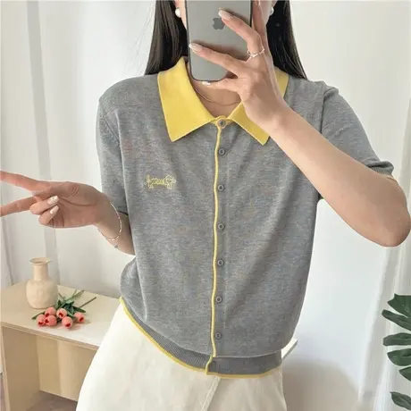 夏季女士方领半袖冰丝针织短袖t恤女2025新款爆款短款小个子上衣商品大图