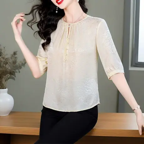 2025新款高端时尚双绉真丝上衣女夏季气质纯色桑蚕丝显瘦中袖衬衫图片