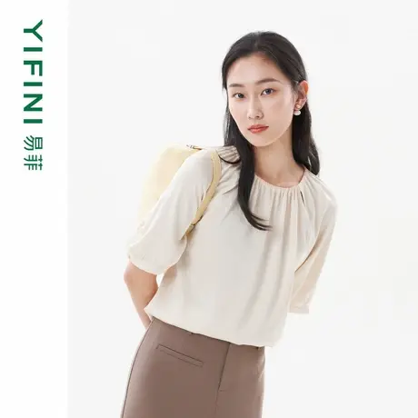[专柜同款]Yifini/易菲宽松短款圆领抽褶小衫女夏装新款上衣商品大图
