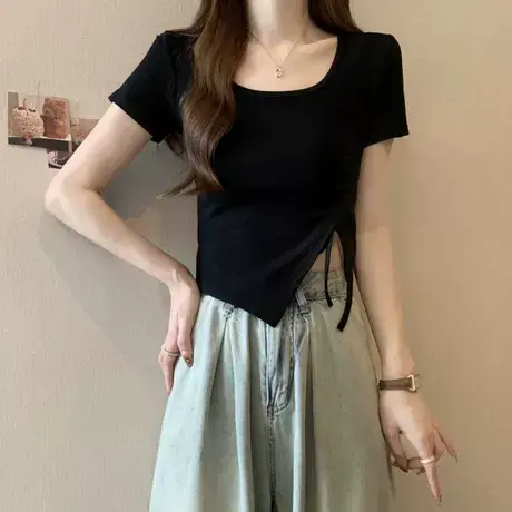 抽绳开叉下摆短袖T恤女2025夏季新款修身韩版短款小个子半袖上衣商品大图