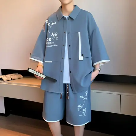 新中式国风套装男夏季新款男士一整套穿搭短袖衬衫休闲短裤两件套商品大图