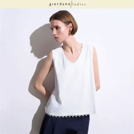 GL2025夏季新款无袖T恤女纯色纯棉拼接蕾丝下摆V领背心女02325037商品大图