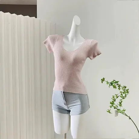 现货 少女感温柔风简约气质修身V领针织衫上衣女薄款短袖T恤女图片