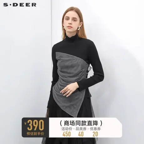 sdeer圣迪奥女装时尚高领撞色网纱系带长袖T恤S223Z0216🌮商品大图