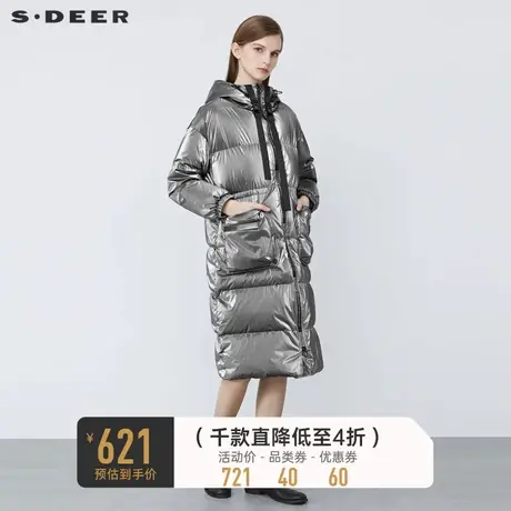 sdeer圣迪奥冬高领连帽撞色飘带亮面长款羽绒服S21482437🖌商品大图