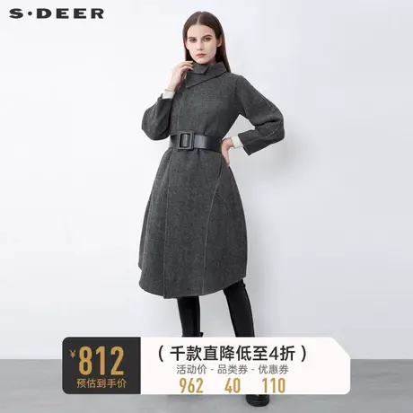 sdeer圣迪奥立领收腰暗条纹拼接毛呢大衣外套女S21481810🐘商品大图