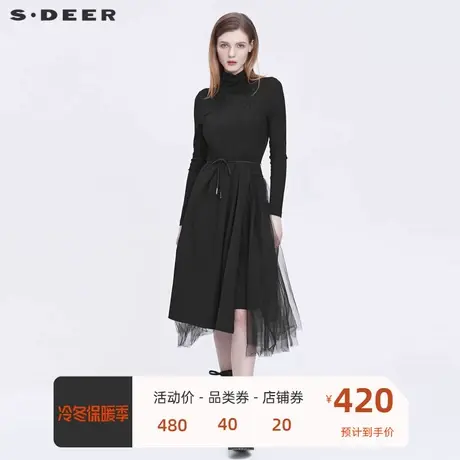 sdeer圣迪奥女装高领拼接收腰网纱不规则连衣裙S22181205🥃商品大图