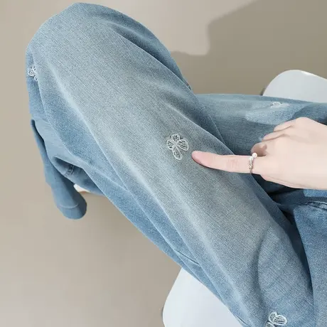 蝴蝶刺绣牛仔裤女夏季薄款高腰显瘦垂感小个子八九分直筒阔腿裤子商品大图