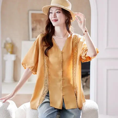 宝诗黎V领蕾丝拼接中袖衬衫2025夏季韩系简约休闲莱赛尔百搭衬衣商品大图