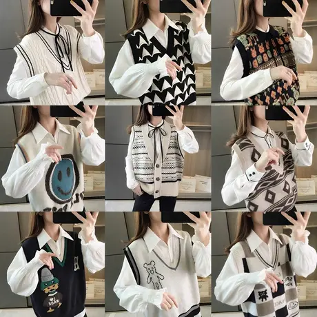 【清仓特价】宽松背心马甲女士针织衫春秋装新款毛衣马夹无袖上衣商品大图