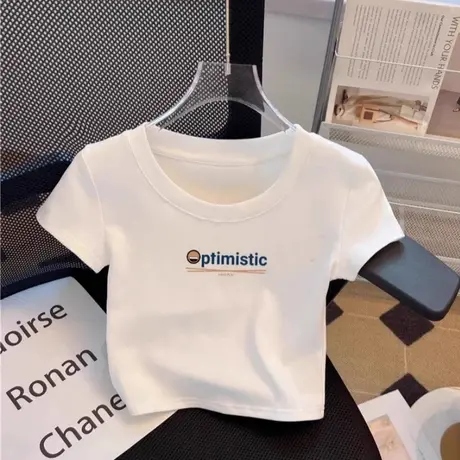 韩国小个子正肩短袖t恤女2025夏季新款显瘦高腰体恤棉质短款上衣图片