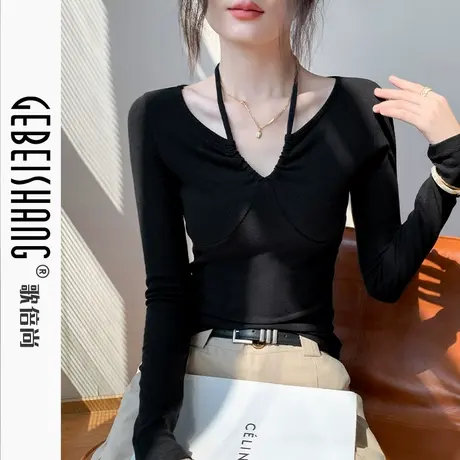 歌倍尚挂脖辣妹风长袖T恤女2025秋季新款修身性感纯色内搭打底衫商品大图