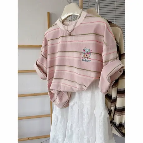 粉色条纹T恤女oversize大码夏季小众设计感ins潮卡通刺绣短袖上衣商品大图