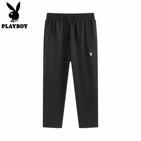 花花公子官方黑色直筒休闲裤男款抽绳松紧腰高弹运动裤百搭九分裤商品大图