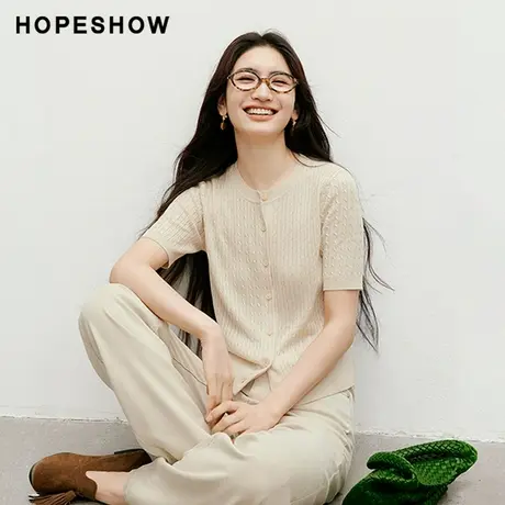 红袖2025秋季新款女装复古绞花单排扣正肩圆领短袖针织开衫商品大图