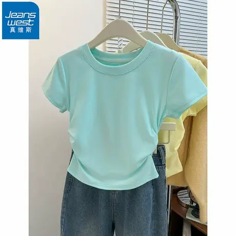 NR真维斯薄荷绿正肩短袖t恤女夏季新款修身掐腰小清新甜辣短上衣商品大图