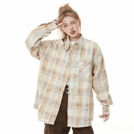 Nuthink美式复古翻领格子衫休闲卡其色衬衫男长袖春秋宽松外套潮商品大图