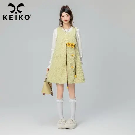 KEIKO 森系扎花圆领背心连衣裙23秋冬茶系穿搭气质毛呢马甲背心裙图片