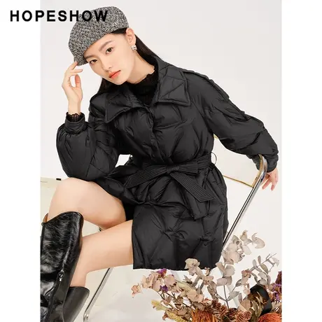 红袖outlets翻领双面中长外套女hopeshow2023冬款菱格保暖羽绒服图片