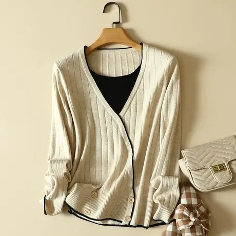 新款撞色圆领拼接假两件套头针织衫女士毛衣春装时尚宽松长袖上衣商品大图