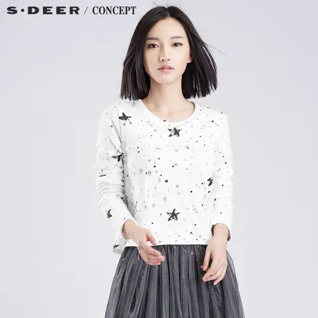 sdeer圣迪奥2018春装女运动风街头范五角星印花短款T恤S16380218图片