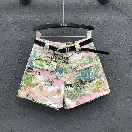 欧货韩版阔腿裤女25春夏新款时尚粉色潮高腰显瘦百搭印花牛仔短裤图片