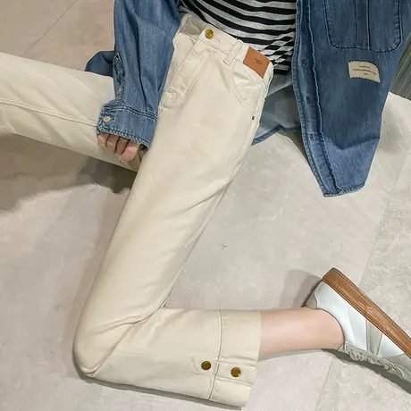 米白色小直筒烟管牛仔裤女春秋2025新款高腰显瘦小个子九分法棍裤商品大图