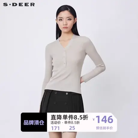 sdeer圣迪奥女装休闲V领半门襟修身长袖针织衫S21463509🕐图片