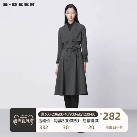 sdeer圣迪奥女装OL风西装领双排扣条纹收腰长款风衣S21361805图片