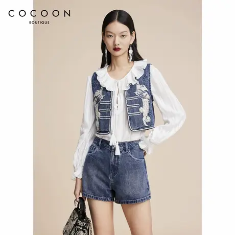 100%纯棉 可可尼COCOON商场同款秋冬新款新中式立体刺绣牛仔马夹图片