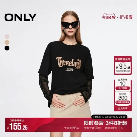 ONLY春夏新款刺绣字母印花Oversize圆领长袖T恤女|124302003商品大图