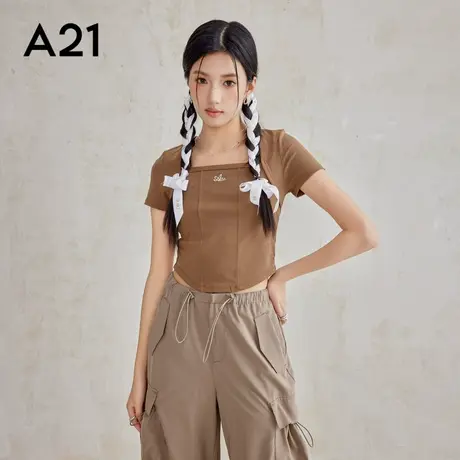 A21时尚简约百搭上衣女装针织修身方领套头中短袖T恤图片