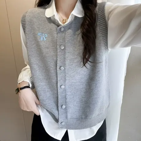 小清新蝴蝶结刺绣开衫马甲女外搭春秋装洋气叠穿百搭无袖坎肩背心商品大图