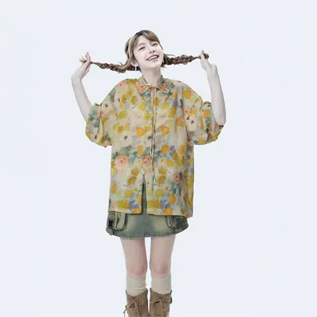 复古潮牌碎花立领衬衫女2025新款夏季美式短袖衬衣宽松设计感上衣图片