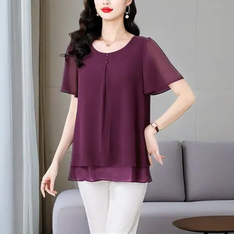 时尚洋气中长款短袖雪纺衫女夏季新款宽松遮肉显瘦妈妈上衣薄款商品大图