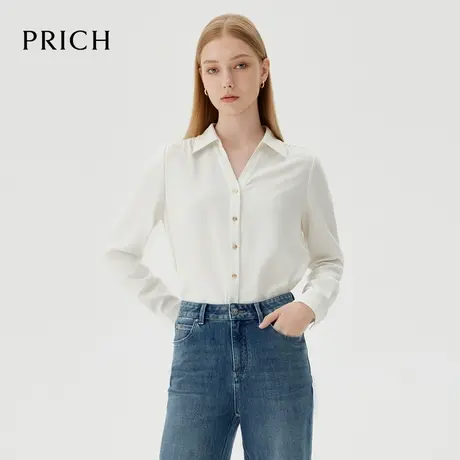 PRICH法式气质纯色V领长袖衬衫2024秋新款通勤翻领金扣衬衣女图片