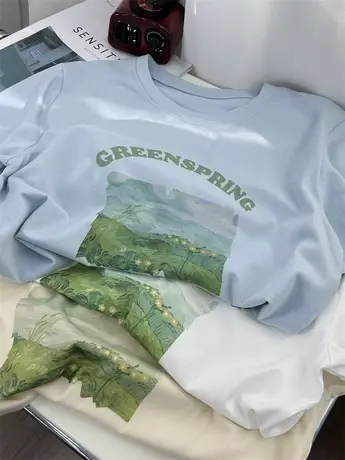 油画风印花显白蓝色短袖女t恤夏正肩宽松柔软纯棉休闲圆领薄上衣商品大图