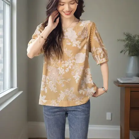 气质女士短袖t恤夏季2025新款蕾丝接拼灯笼袖宽松显瘦洋气女上衣图片