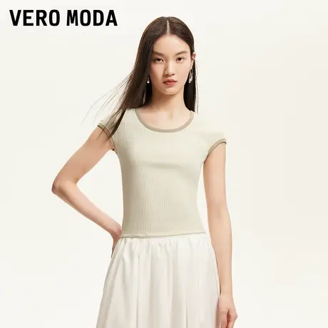 Vero Moda奥莱T恤女2025夏季新款坎袖拼接竖坑条圆领修身简约短袖图片