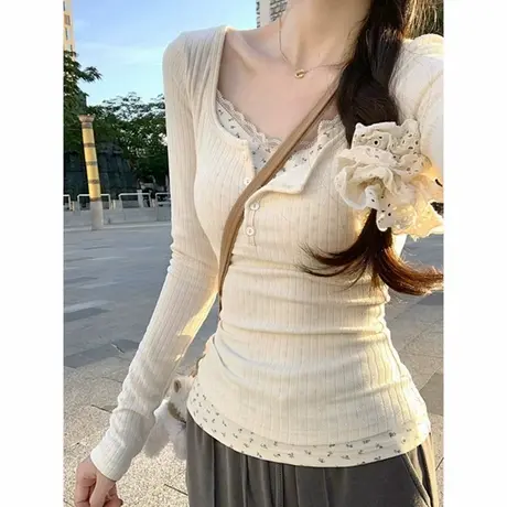 蕾丝边假两件碎花长袖T恤女早春修身韩版打底衫内搭短款正肩上衣商品大图