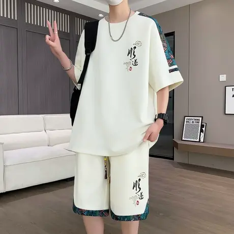 国潮短袖T恤男夏季新中式国风休闲运动套装男青少年一套帅气搭配T商品大图