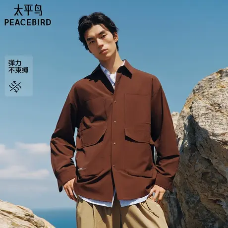 【商场同款】太平鸟男装潮流宽松四面弹衬衣口袋衬衫男B2CHF3222M图片